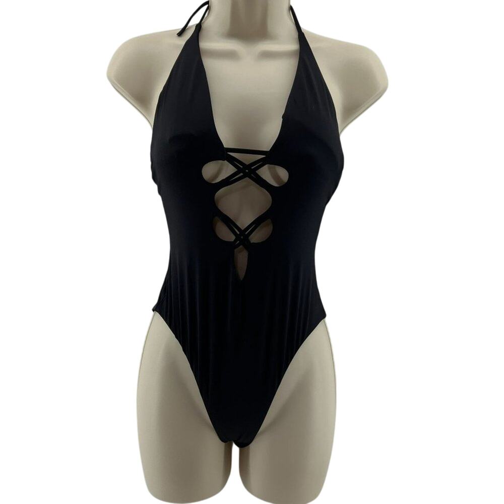 Isabella Rose Black Crisscross Front Plunge Halter One Piece Swimsuit Small